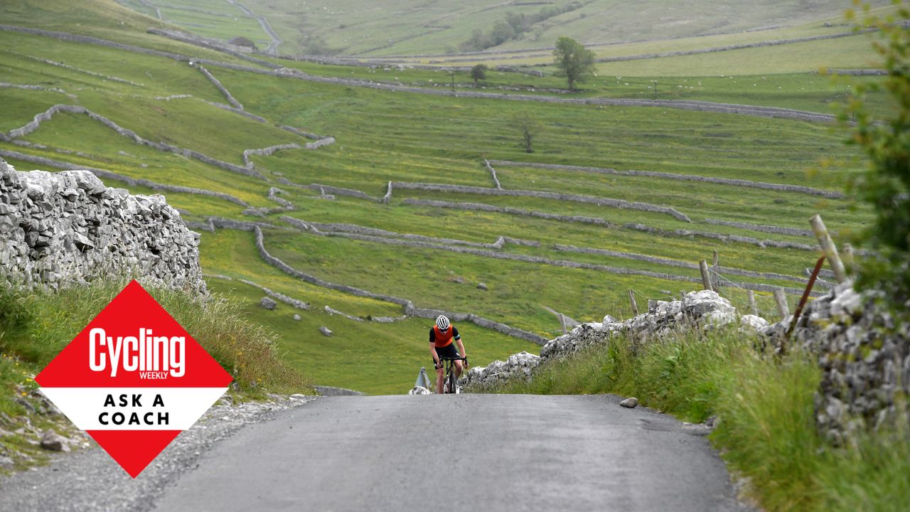 Male cyclist out the saddle on a steep climb