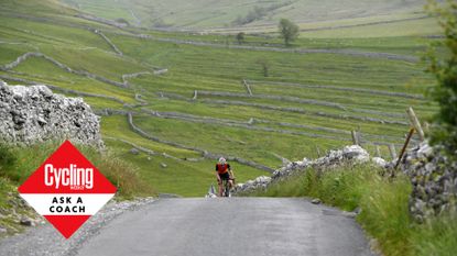 Male cyclist out the saddle on a steep climb