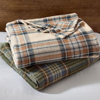 Plaid Woven Blanket on a white counter.