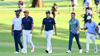 Sebastian Munoz, Collin Morikawa, Mito Pereira and Rory McIlroy during the bronze medal playoff at the 2020 Olympics