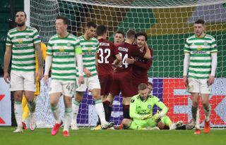 Celtic players trudge back to position after Sparta Prague’s Lukas Julis completes his hat-trick