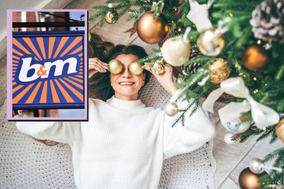 Girl lay under Christmas tree with baubles and drop in of B&amp;M sign