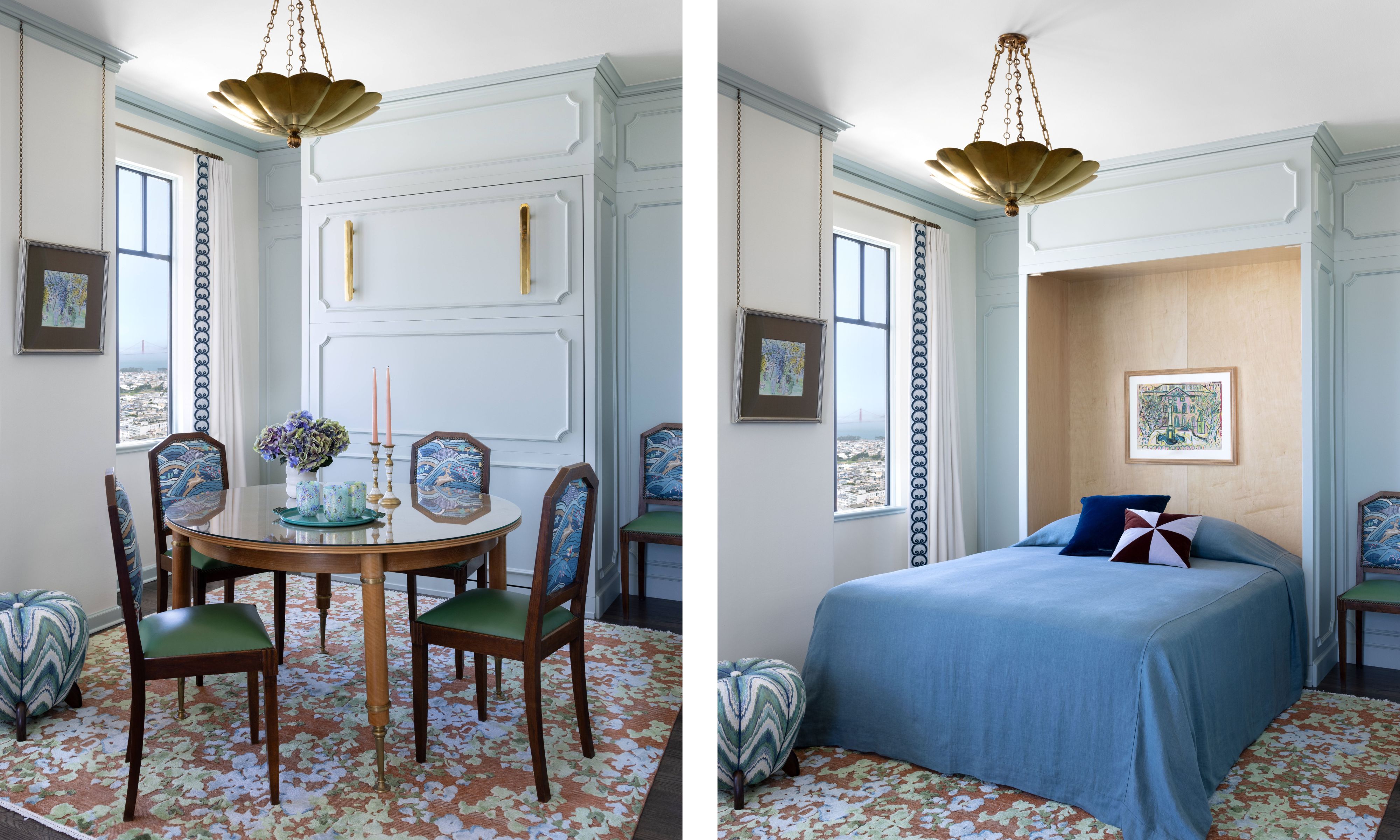 Two images of a small pale blue dining room. One is a picture of the dining room complete with a circular wooden table and wooden chairs upholstered in a blue and green fabrics. The other image shows the room with a murphy bed pulled down from the wall to turn it into a guest bedroom