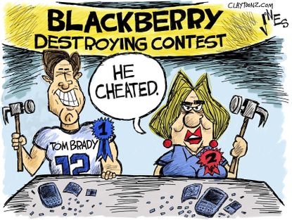 Political cartoon U.S. 2016 election Hillary Clinton Tom Brady Blackberry destroying contest