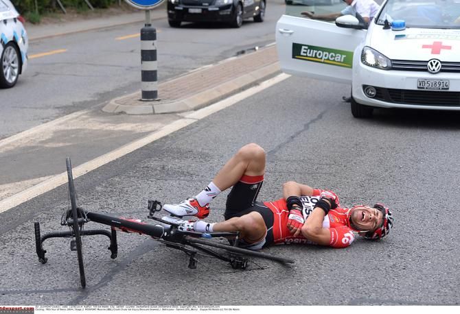 Maxime Monfort (Lotto Belisol) crashes mid-race during stage two at the Tour de Suisse
