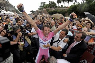 Denis Menchov (Rabobank) celebrates winning the 92nd Giro d'Italia in 2009.