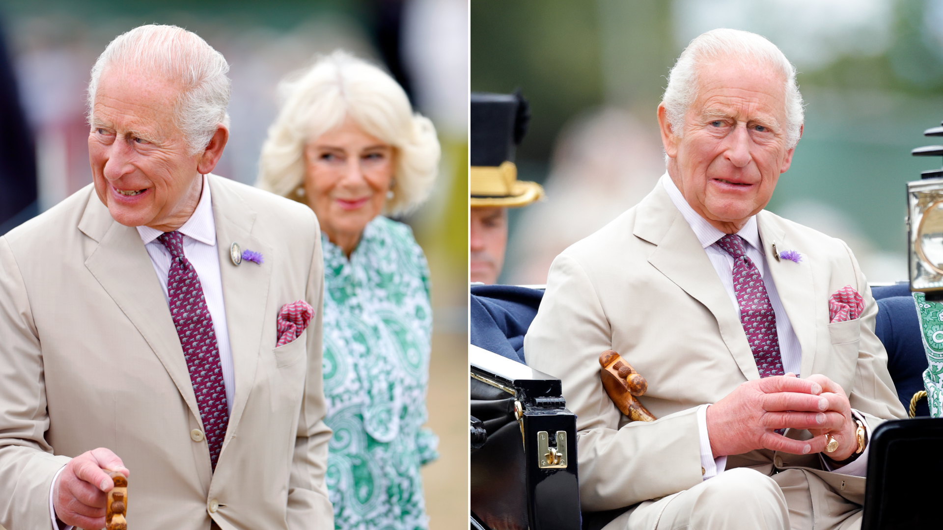 King Charles wears a light tan suit and carries a wooden walking stick while attending the RHS Sandringham Flower Show