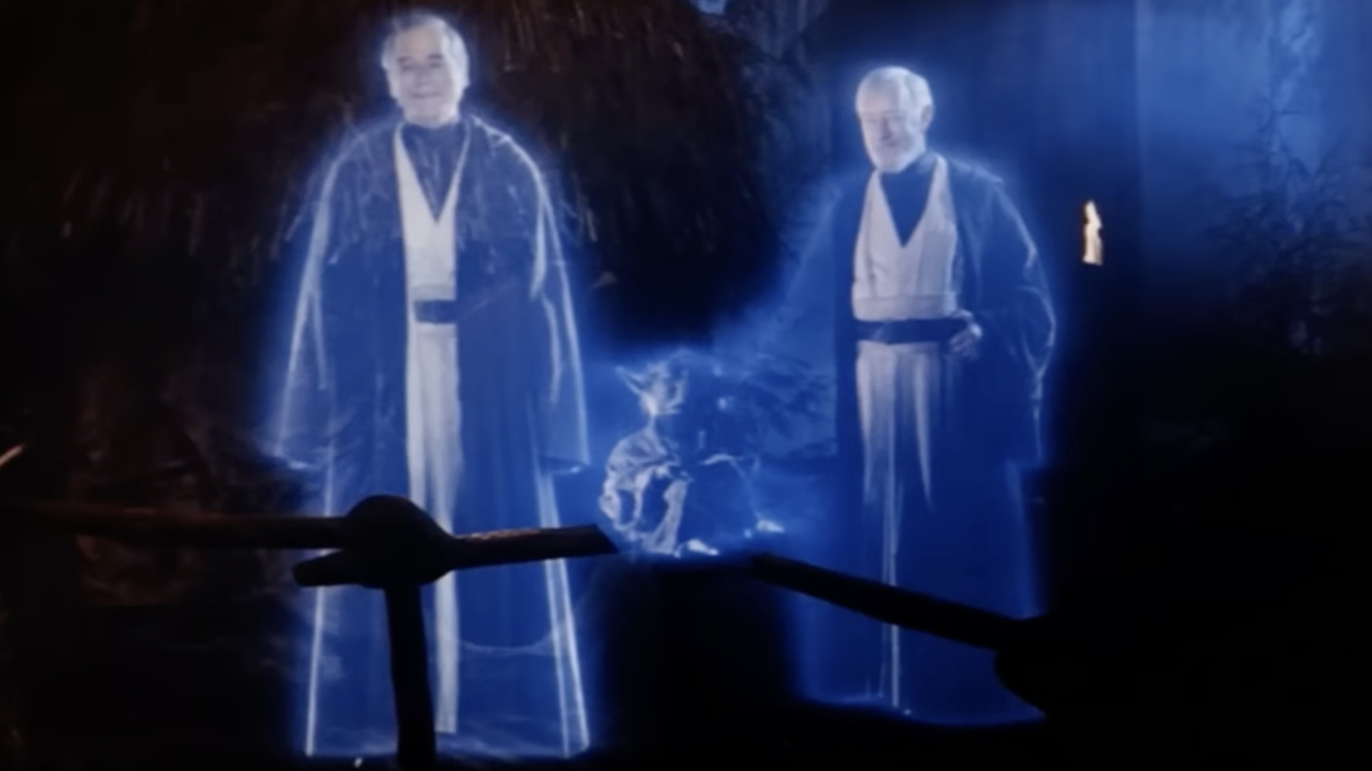 Anakin Skywalker (Sebastian Shaw), Yoda (Frank Oz) and Obi-Wan Kenobi (Alec Guinness) look ahead in Star Wars: Return of the Jedi.