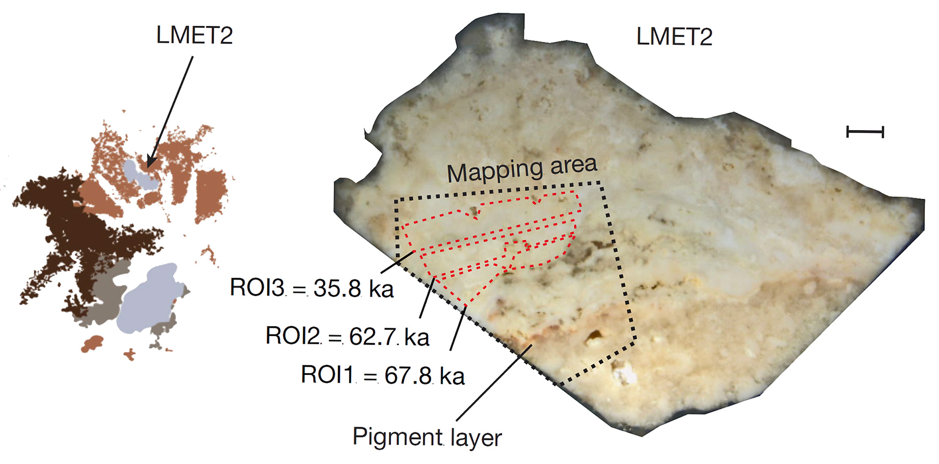 A geographic map next to a labeled image of rock art on a white rock wall.