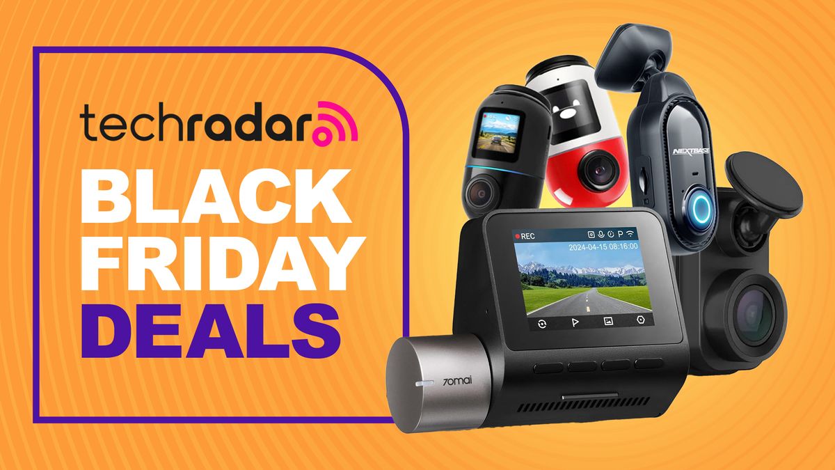 A collection of dash cams on an orange background with Black Friday deals text overlay