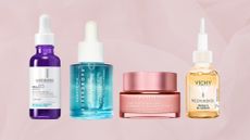A selection of the best niacinamide serums for La Roche-Posay, Beauty Pie, Clarins and Vichy/ in a pastel pink textured template