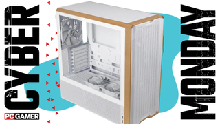 A PC case on a blue Cyber Monday background.