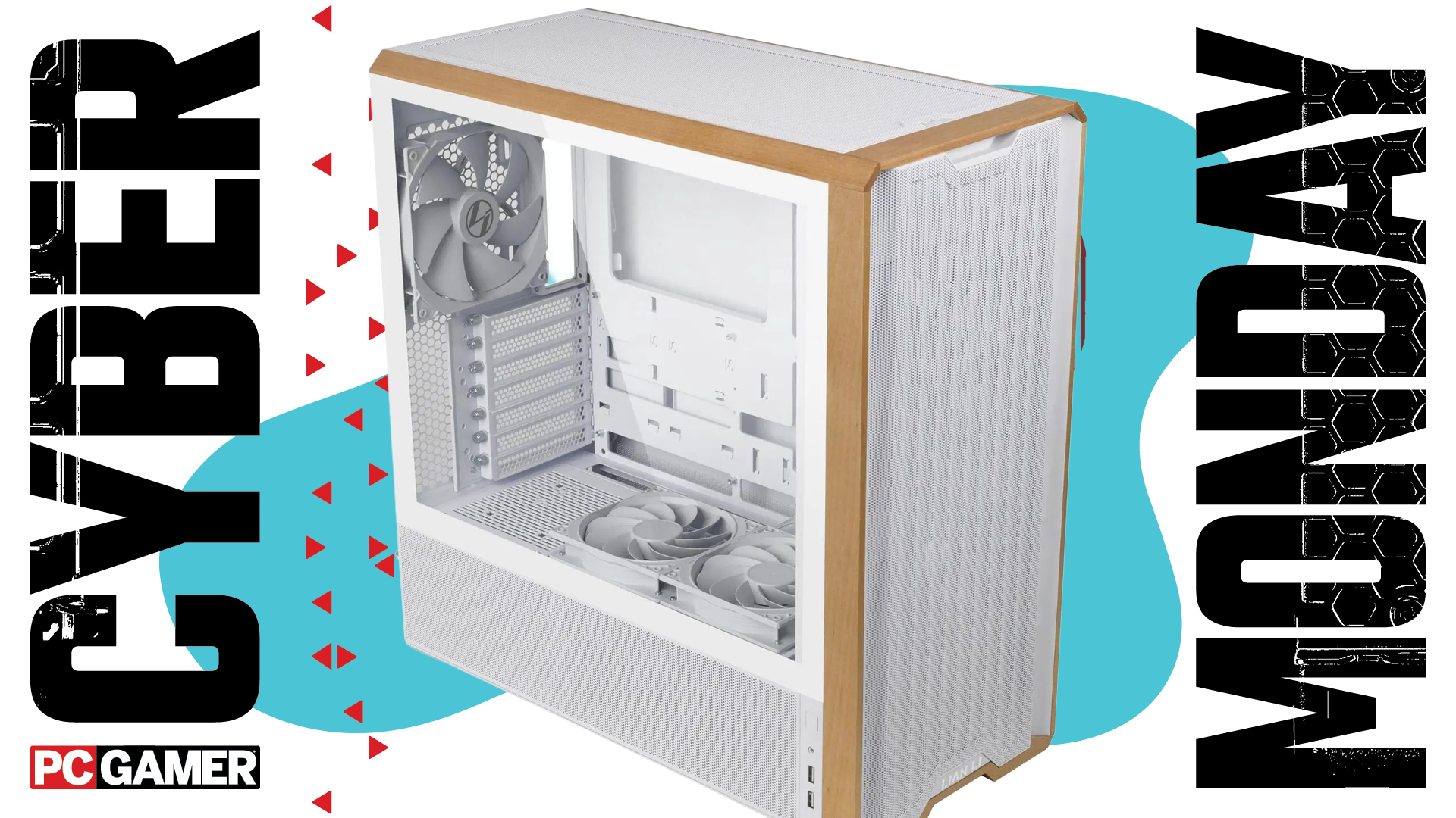 A PC case on a blue Cyber Monday background.