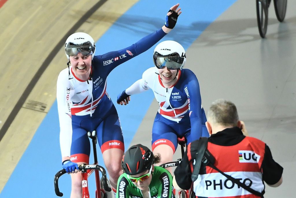 Emily Nelson and Katie Archibald celebrate their Madison title