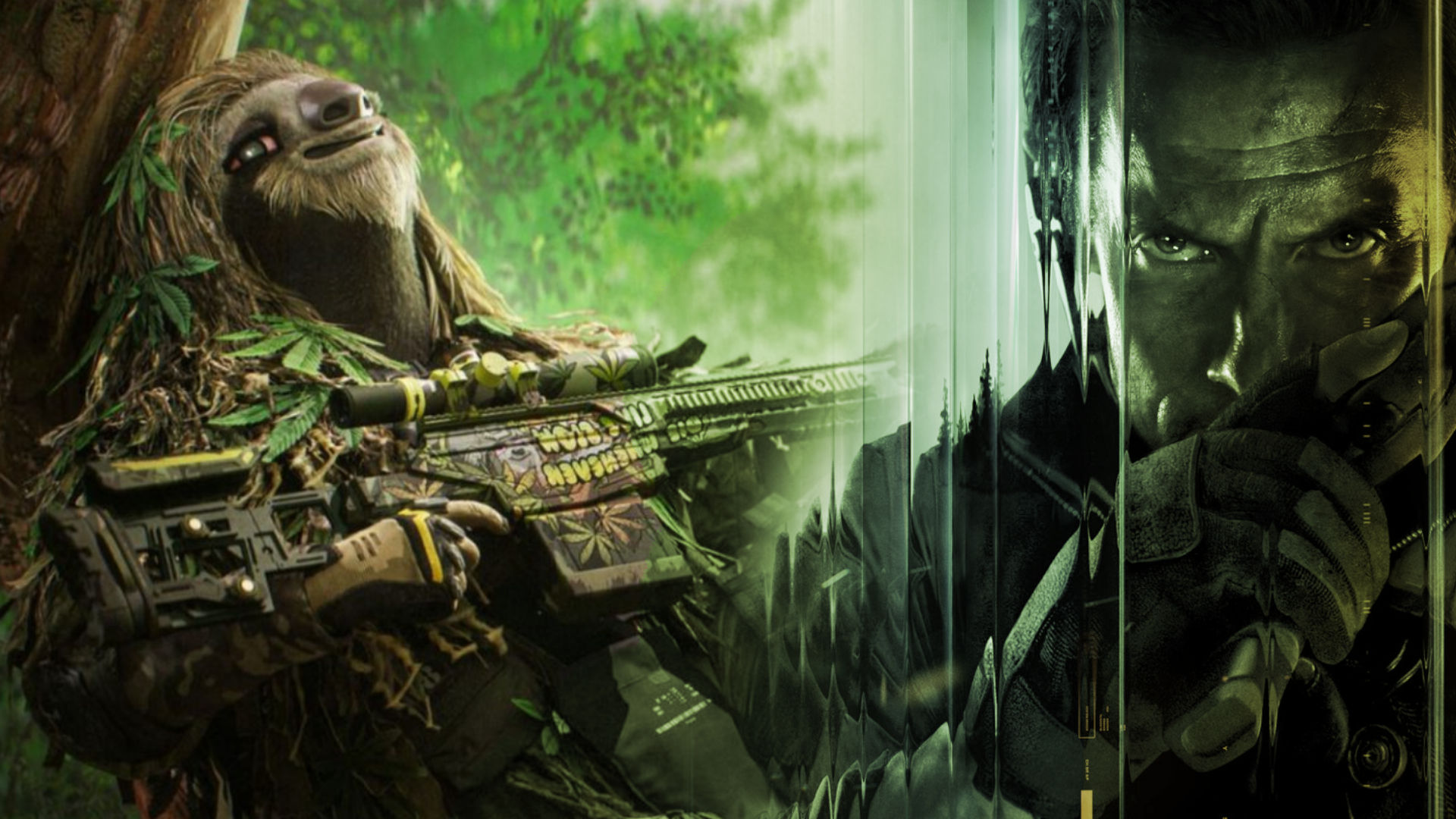 The cover art for Call of Duty: Black Ops 7 with a green hue, blended with the stoned sloth operator bundle from Modern Warfare 3.