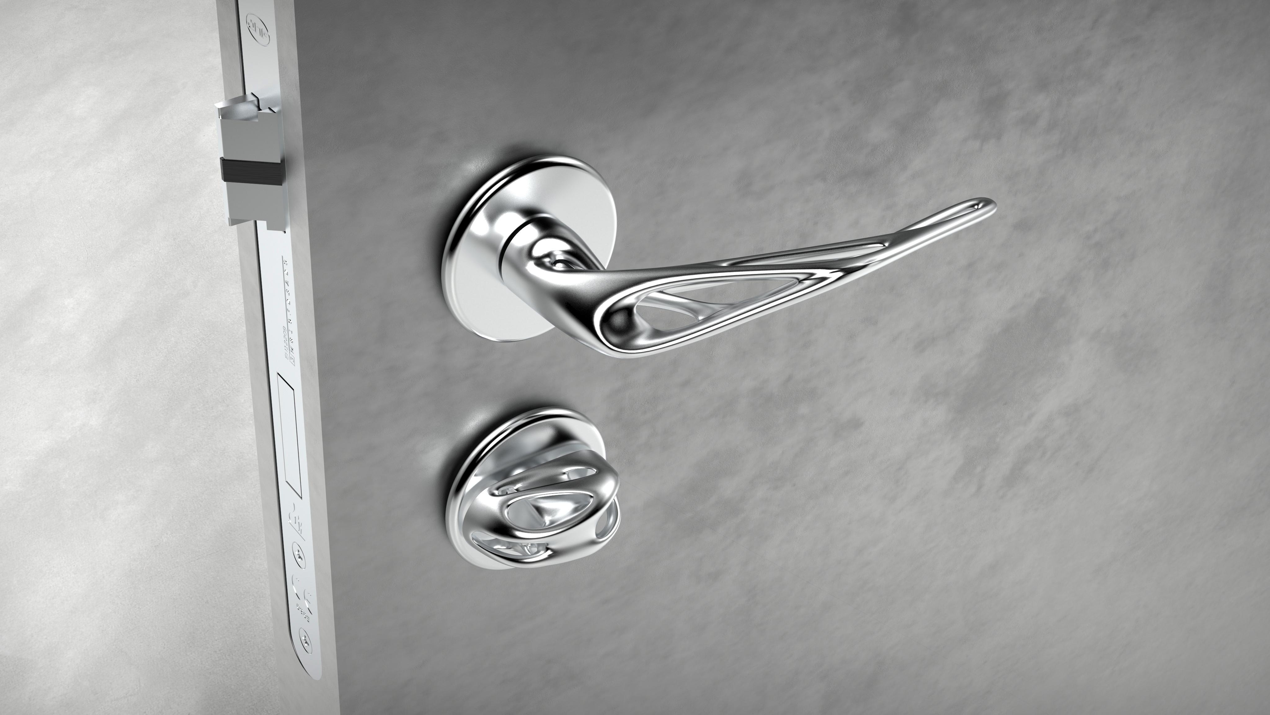 silver door handle on grey door