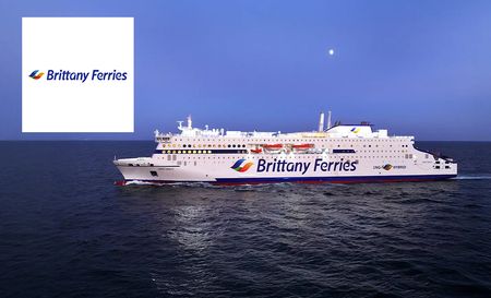 Brittany Ferries logo top left with a picture of a ferry