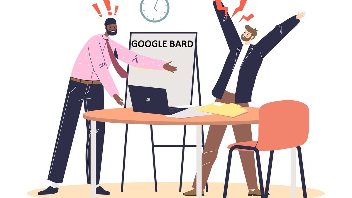 Cartoon employees arguing over Google Bard