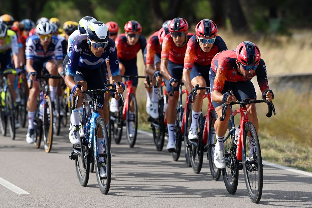 SCAR SPAIN SEPTEMBER 15 LR Jorge Arcas of Spain and Movistar Team and Jonathan Castroviejo of Spain and Team INEOS Grenadiers lead the peloton during the 78th Tour of Spain 2023 Stage 19 a 1771km stage from La Baeza to scar UCIWT on September 15 2023 in scar Spain Photo by Tim de WaeleGetty Images