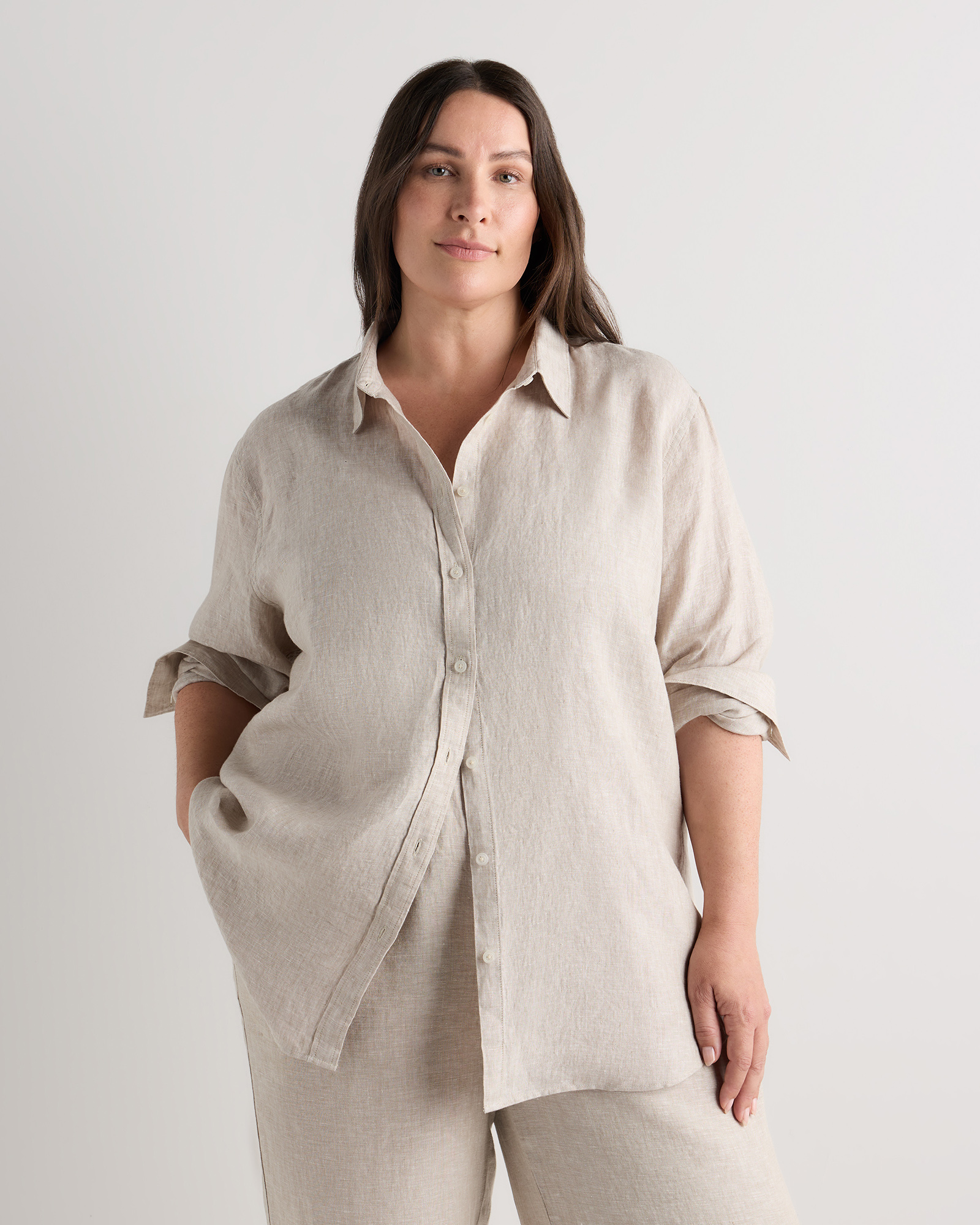 Extended Sizes 100% European Linen Long Sleeve Shirt - Plus Size in Flax