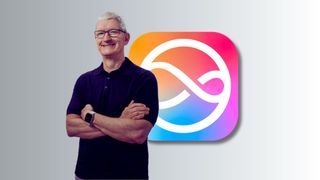 Tim Cook superimposed over the new logo for Siri introduced at WWDC 2024