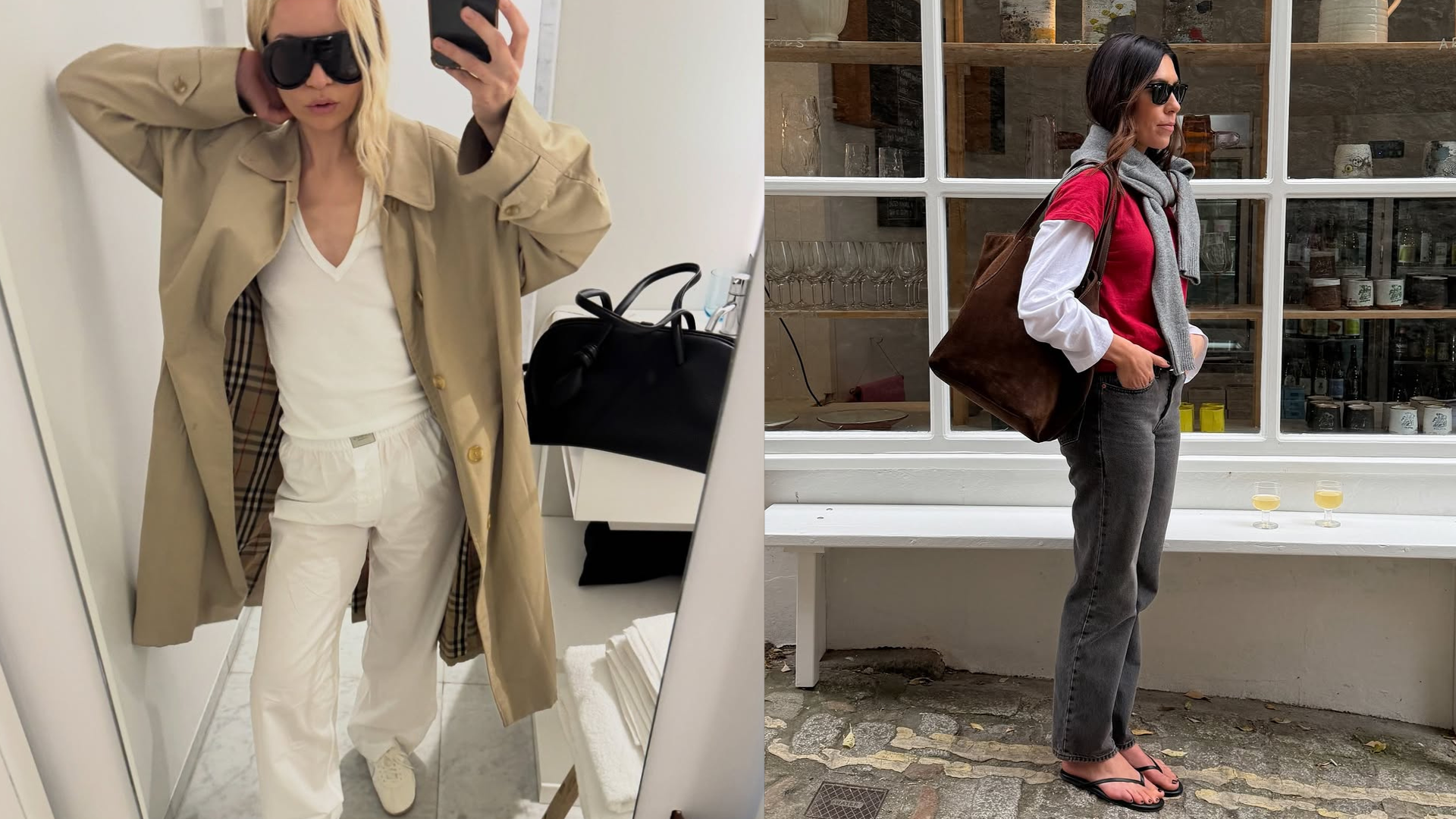 Collage of a woman wearing layered t-shirt and jeans and a woman wearing an all-white outfit with oversize sunglasses.