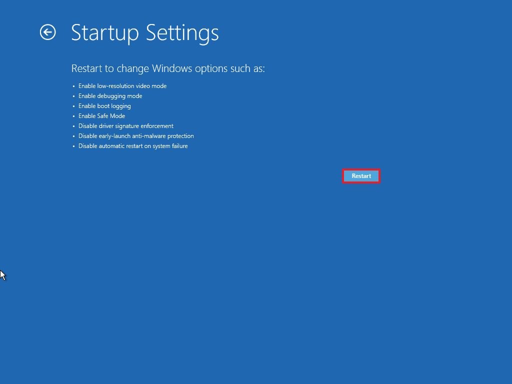 Startup settings restart option
