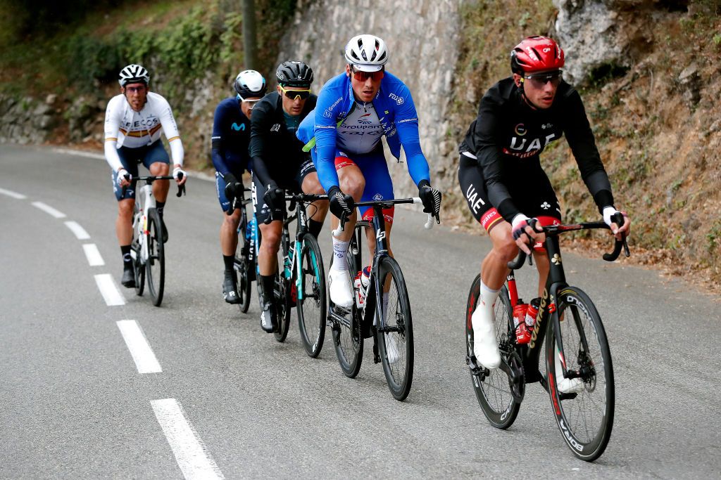 NICE FRANCE MARCH 13 LR Stefan Kng of Switzerland and Team Groupama FDJ and Brandon Mcnulty of United States and UAE Team Emirates compete during the 80th Paris Nice 2022 Stage 8 a 1156km stage from Nice to Nice ParisNice WorldTour on March 13 2022 in Nice France Photo by Bas CzerwinskiGetty Images