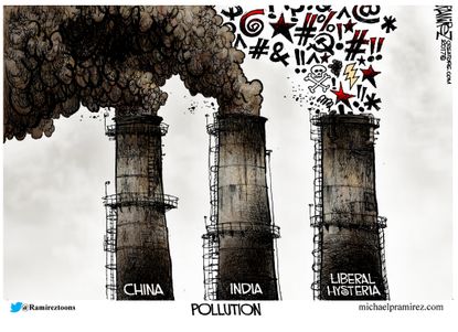 Political cartoon U.S. Climate change liberal hysteria India China
