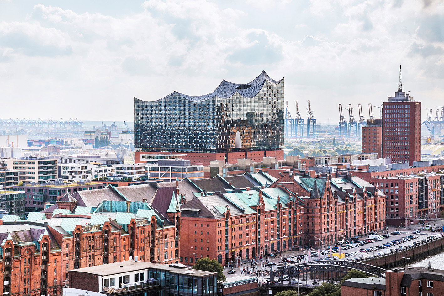 the Elbphilharmonie in Hamburg, by the water on a cloudy day