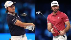 Rickie Fowler hits a driver off the tee, Max Homa watches a putt