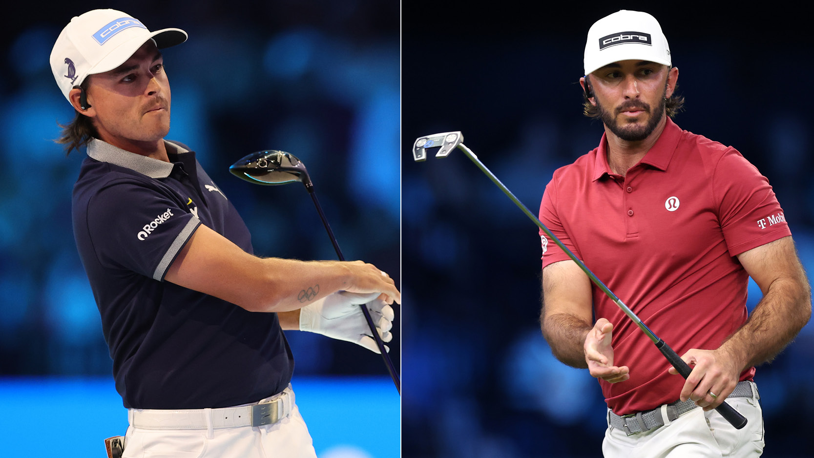 Rickie Fowler hits a driver off the tee, Max Homa watches a putt