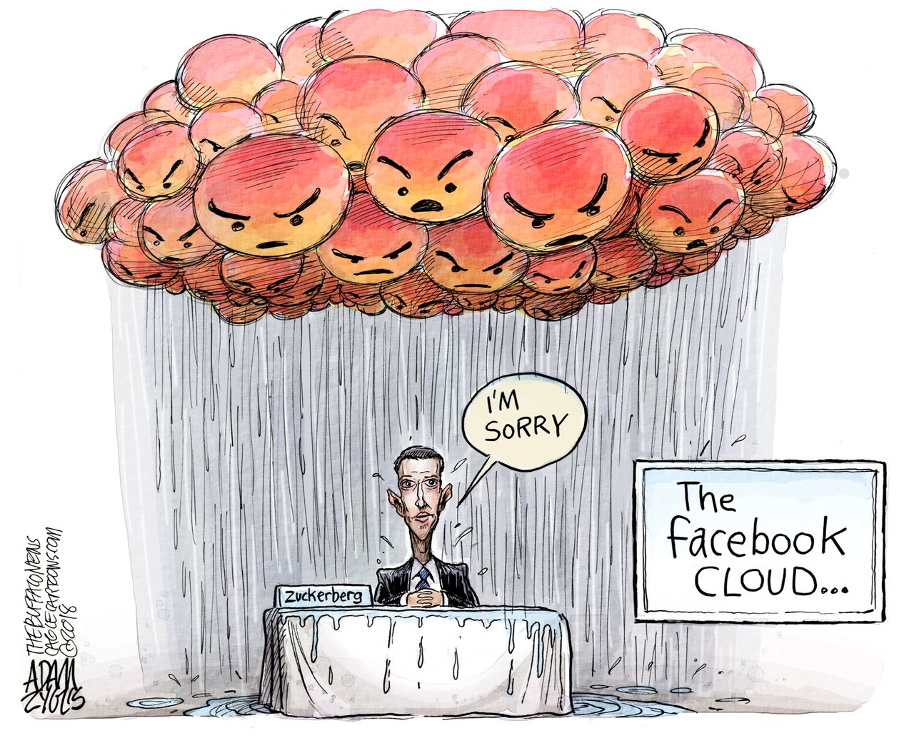 Political cartoon U.S. Mark Zuckerberg Congress testimony anger Facebook cloud