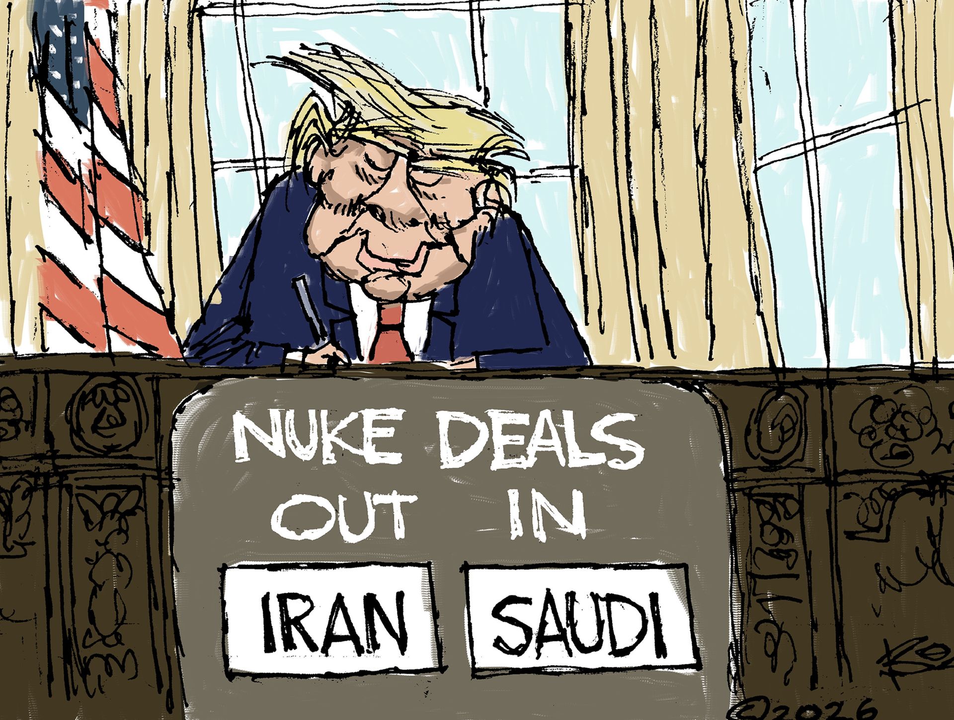 
                                Donald Trump signs something at his desk in the Oval Office. The front of the desk has a scoreboard that reads “Nuke Deals. Out: Iran. In: Saudi.”
                            