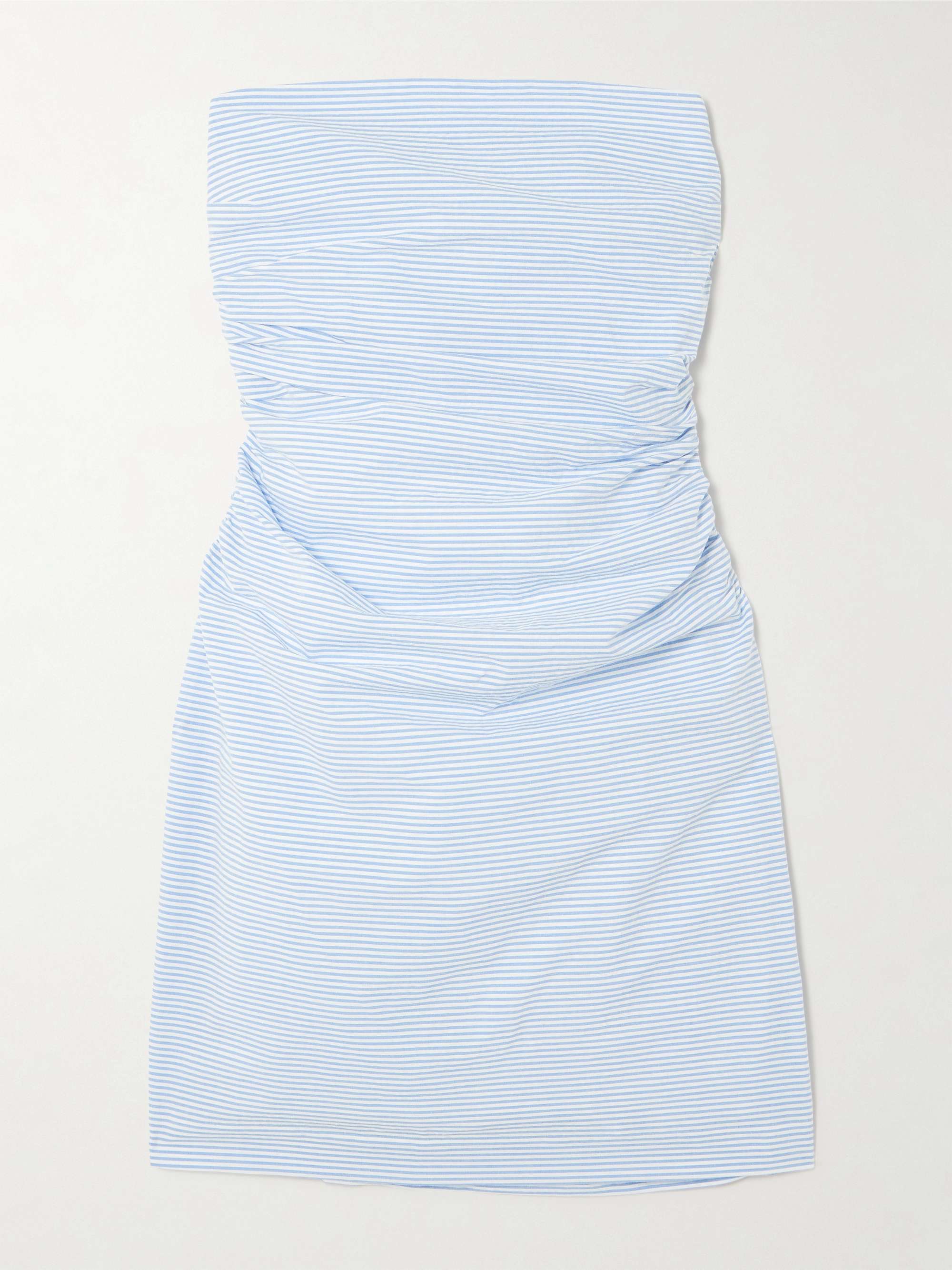 Vera Strapless Ruched Striped Cotton-Seersucker Mini Dress