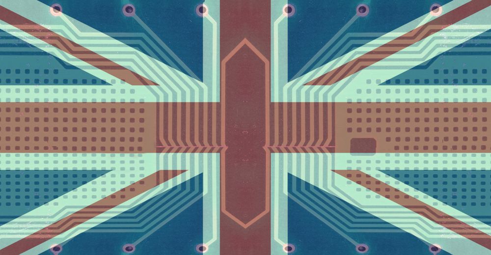 UK flag with a circuit pattern in the background