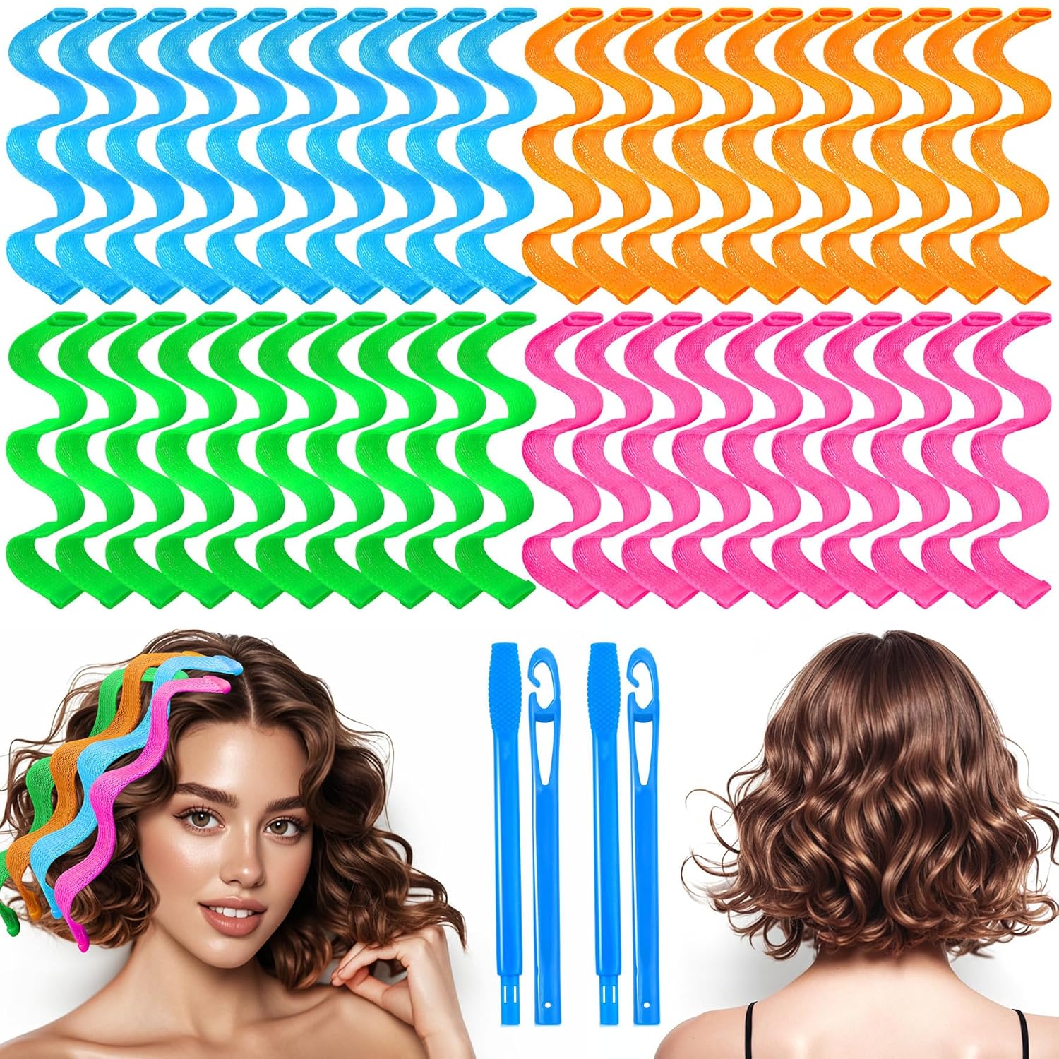 42 Pieces Heatless Waves Hair Curler, No Heat Damage Wavy Hair Curlers With 2 Sets of Styling Hooks, Heatless Curls for Women Girls Short Hair(4 Colors,25cm/ 9.9&quot;)