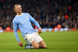 Erling Haaland celebrates a goal for Manchester City against Young Boys in the Champions League in November 2023.