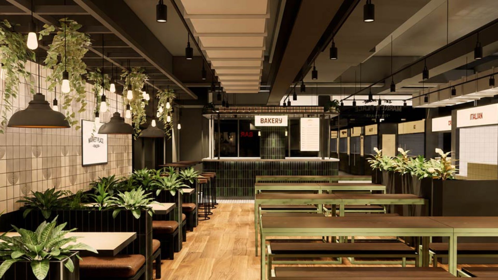 a rendering of what the market place foodhall inside Victoria will look like