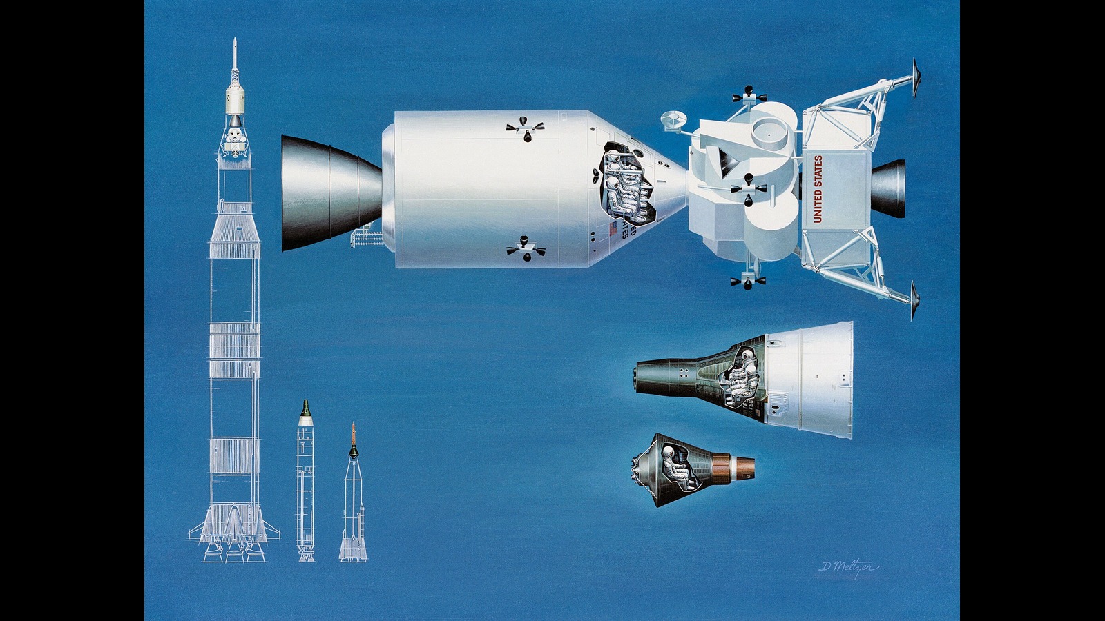A series of different spacecraft parts over a blue background