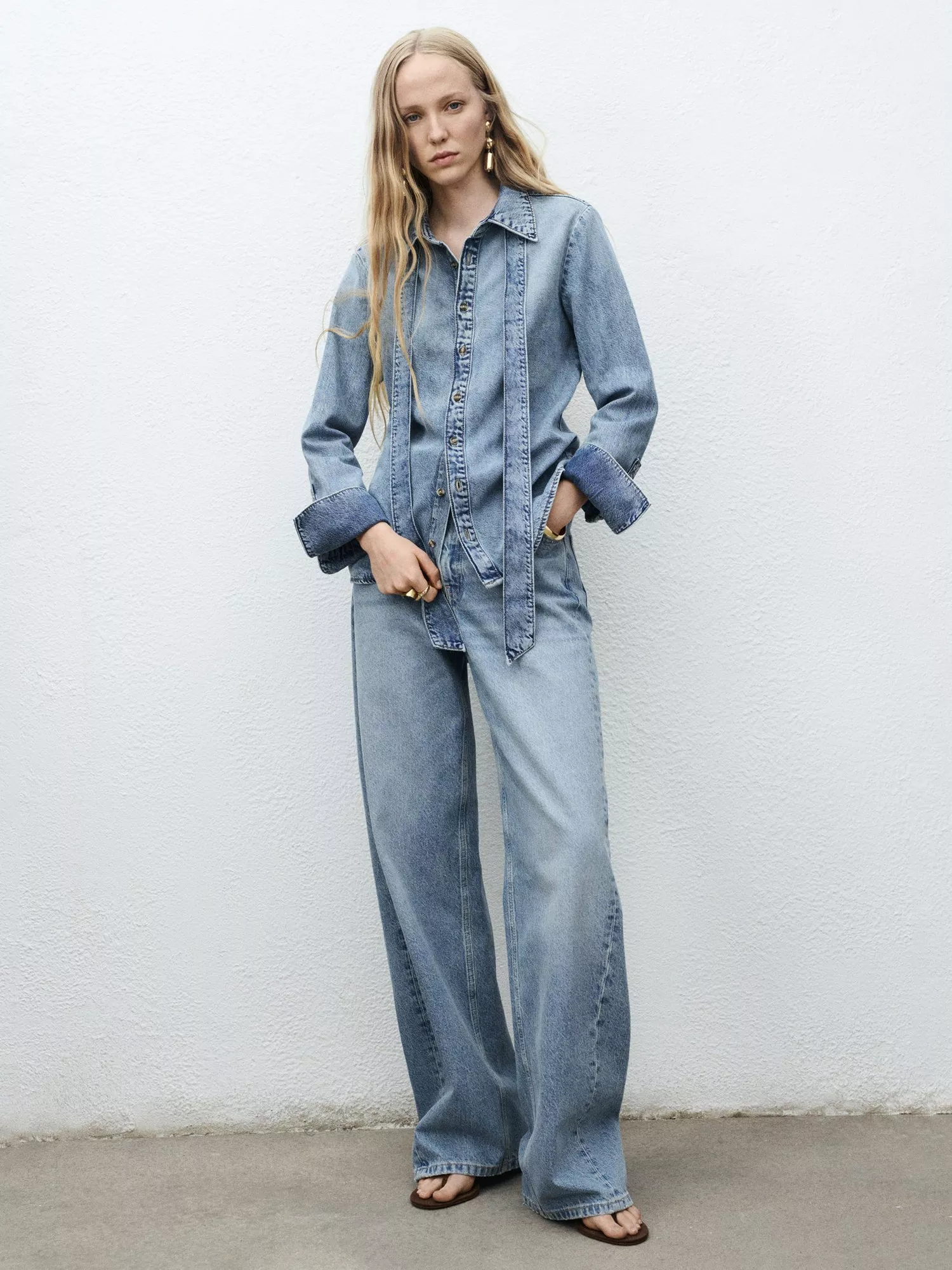 Mango Lana Tie Neck Denim Shirt, Mid Blue