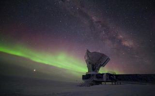 The South Pole Telescope illuminated by the Milky Way and the Aurora Australis (Southern Lights). Watch a livestreamed announcement of the Event Horizon Telescope's first results on April 10, 2019 at 9 a.m. EDT here: Nsf.gov/blackholes