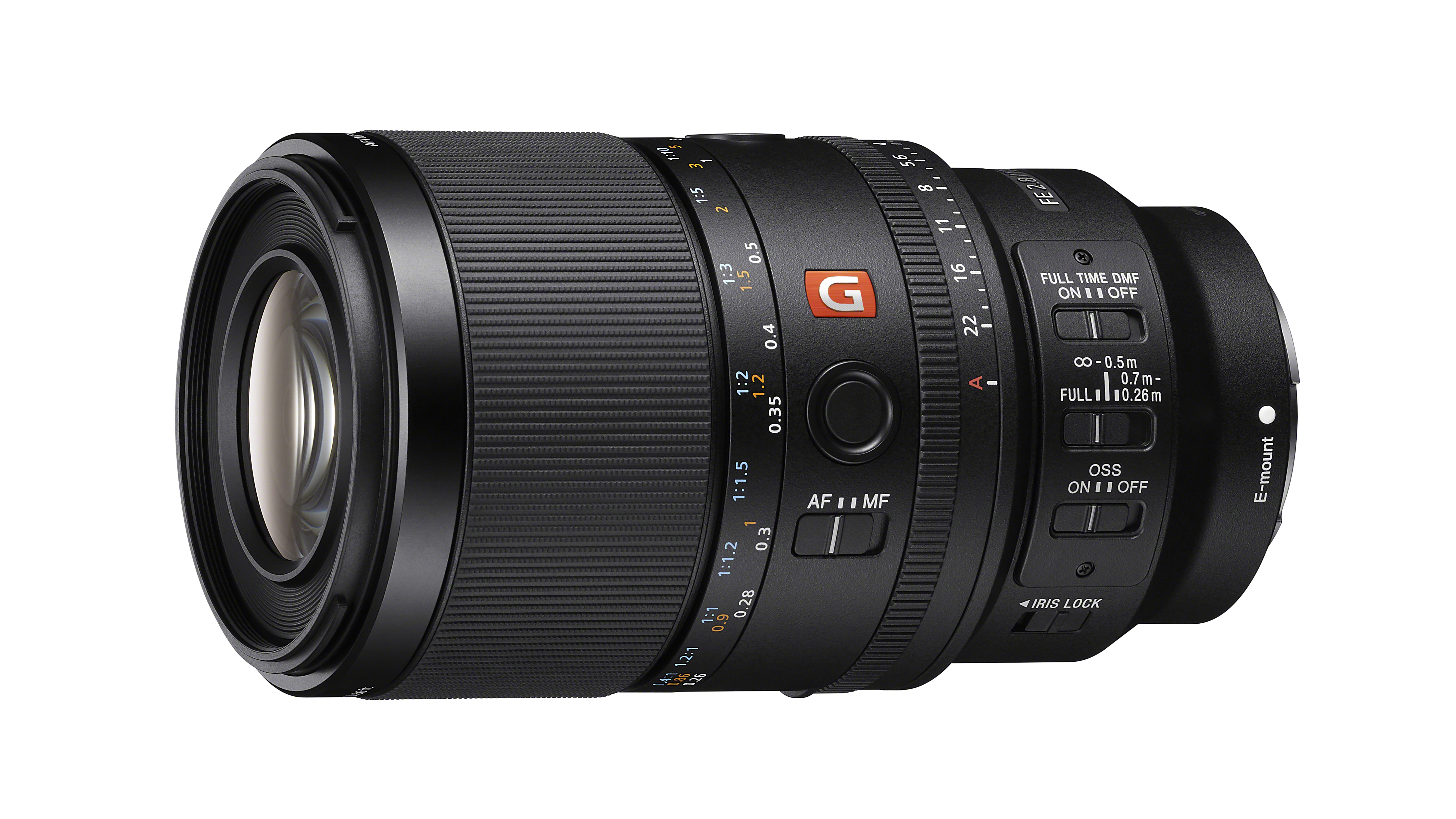 Sony FE 100mm f/2.8 Macro GM OSS against a white background