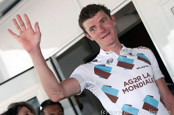 Julien Berard (AG2R La Mondiale) on stage to receive the mountains classification leader's jersey.