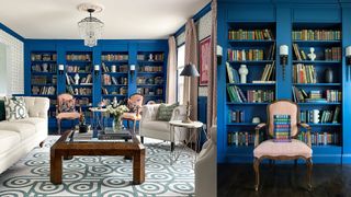 navy blue built-in IKEA Billy bookcases with sconces and vintage furniture