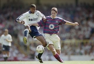 Robbie Elliott (right) in action for Newcastle United against Tottenham in Gary Mabbutt's testimonial in August 1995.