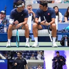 A collage featuring photos of Lorenzo Musetti during the 2025 and 2026 US Open tennis tournaments. 
