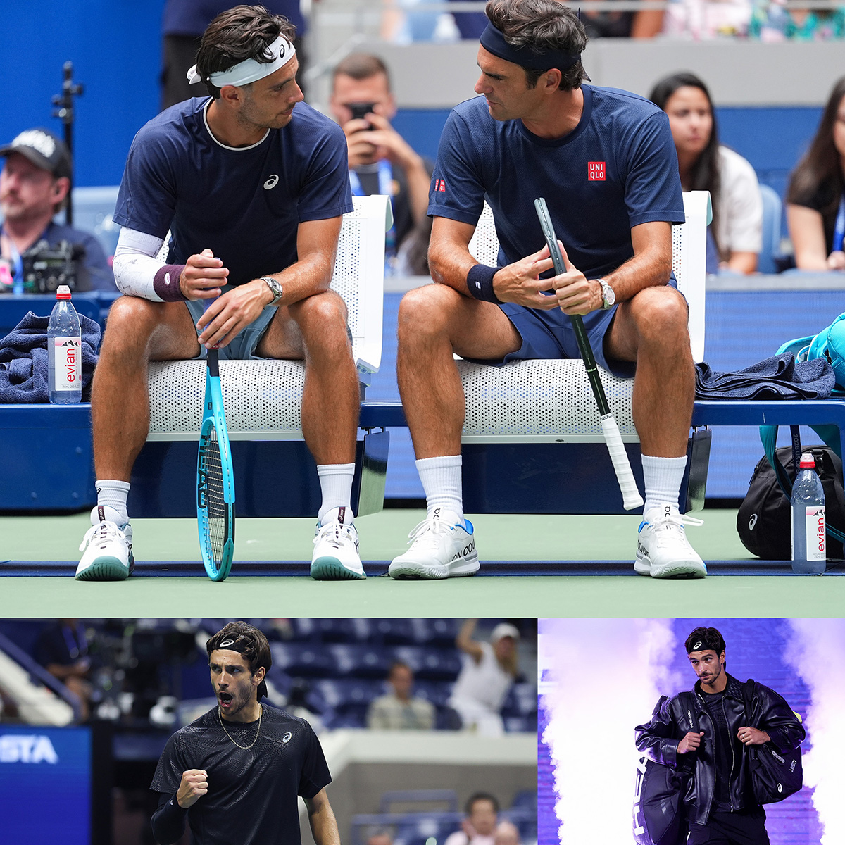 A collage featuring photos of Lorenzo Musetti during the 2025 and 2026 US Open tennis tournaments. 