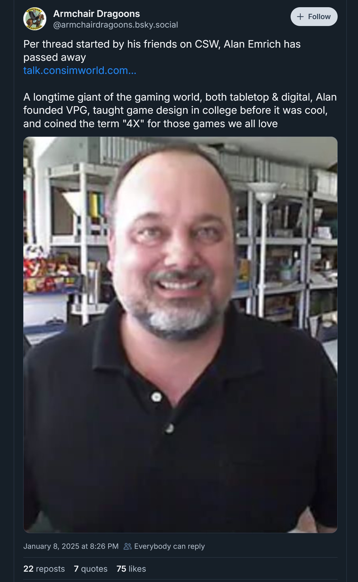 A longtime giant of the gaming world, both tabletop and digital, Alan founded VPG, taught game design in college before it was cool, and coined the term '4X' for those games we all love.