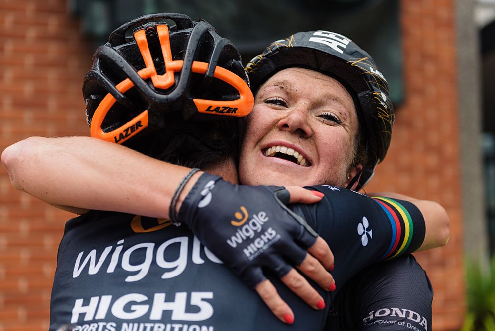 Amy Pieters celebrates her stage win with teammate, Giorgia Bronzini at Aviva Women's Tour 2016 - Stage 2